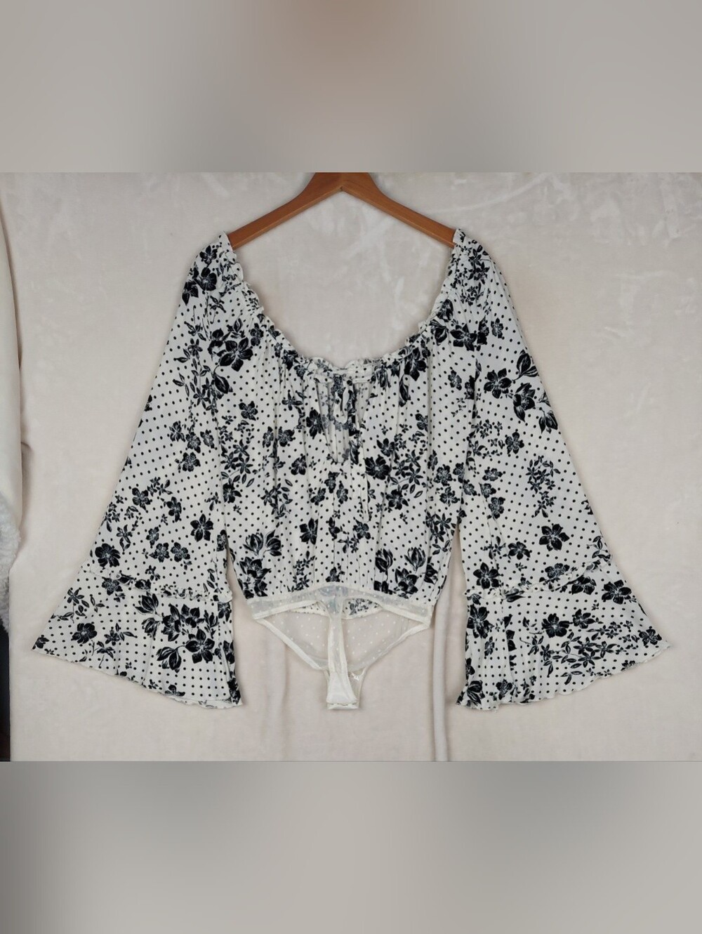 Intimately Free People Bodysuit XS Yellow One on One Date Bell Sleeves Blk Wht